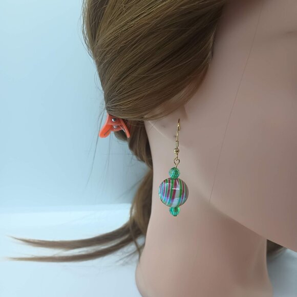 Red and Green Spiral Christmas Ball Earrings with Green Accent Beads - Picture 2 of 4